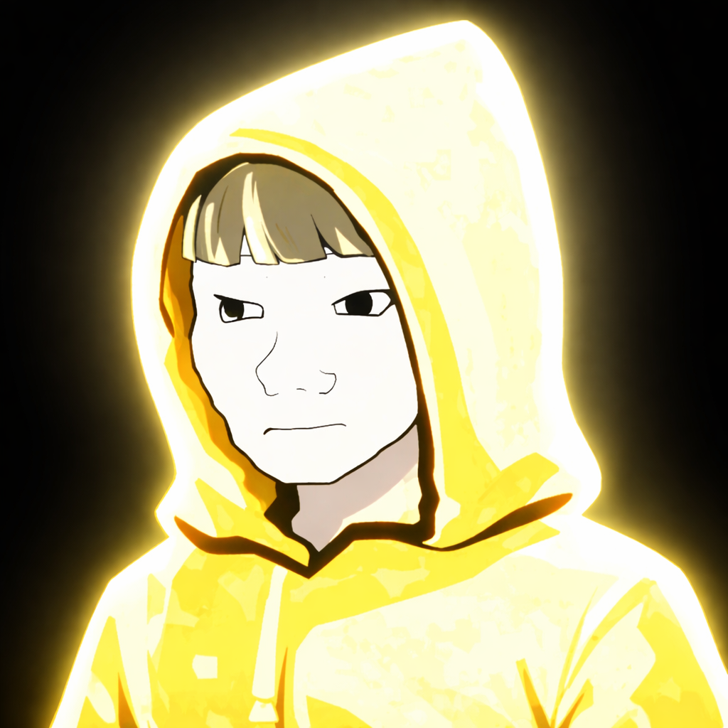 Aura mascot in glowing yellow hoodie